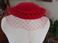  Vintage 1980s Red Velvet  Pillbox Hat  Flower Detail & Net Veil. Connor. 