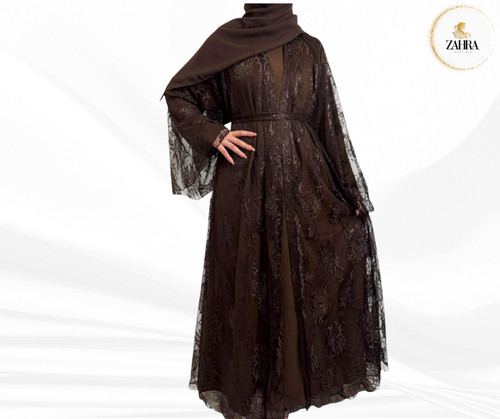 Chocolate floral lace abaya - ,