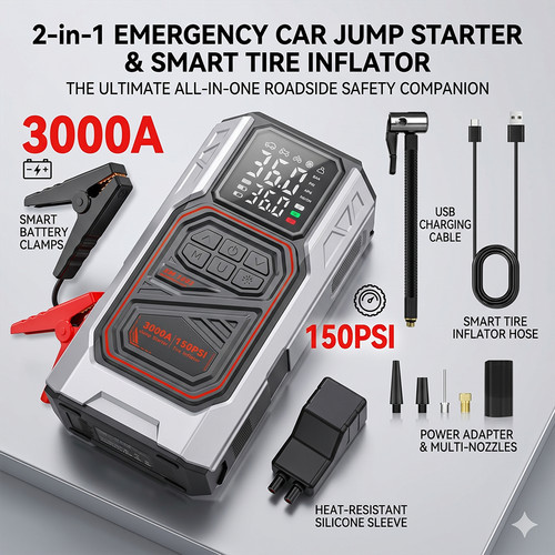 Car jump starter with - starter, tyre