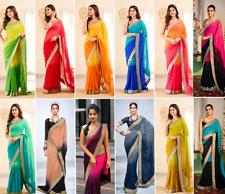 Indian designer georgette silk lace border saree yellow wedding party wear sari