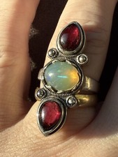 Silver Cabochon Red Garnets And Jelly Opal Ring Size P