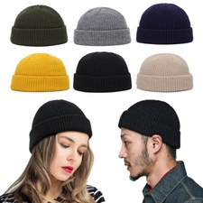 Men Mini Short Fisherman Beanie Hat Winter Warm Knitted Ribbed Docker Skull Cap