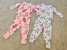 2 Pack Kids Girls Unicorns & Dinosaurs Pyjama's Set - Pink / Blue - 2-3 Years