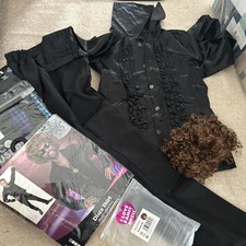 Mens 70s Disco Costume Black Shirt Fancy Dress trousers wig complete Outfit