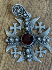 Vintage Silver Cross Pendant with Red Gem – Maltese / Jerusalem Cross Design