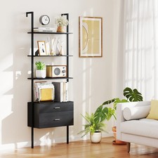 6-Tier Ladder Bookshelf with 2 Drawers 184cm Tall Wall Mounted Black