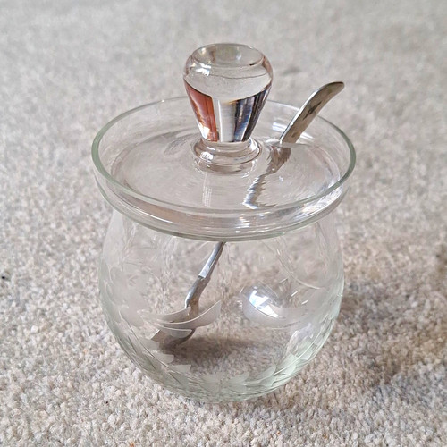 Vintage etched glass jam pot - vintage,
