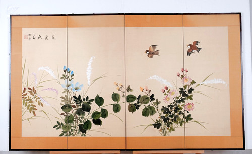 Japanese byobu birds flowers - japanese,