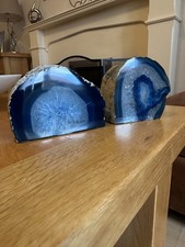 Pair Natural Blue Agate Microcrystalline Quartz Bookends / Candle Night Lights 