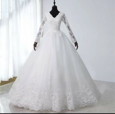 UK White Ivory Long Sleeve Floor Length A Line Modest Wedding Dresses Size 6-26