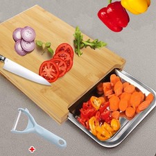 Wooden Bamboo Chopping Board Cutting Slicing With Sliding Stainless Steel Tray