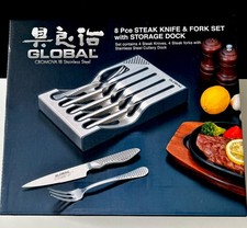 Global GT Series 8 Piece Steak Knife & Fork Set + Storage Dock. New Original Box