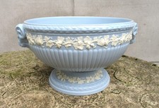 Large Wedgwood Embossed Blue Queens Ware Footed Round Fruit Serving Bowl Tureen