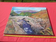 Lovely Oil Painting on Canvas. Country Scene with Sheep & Collie Dogs. Original.