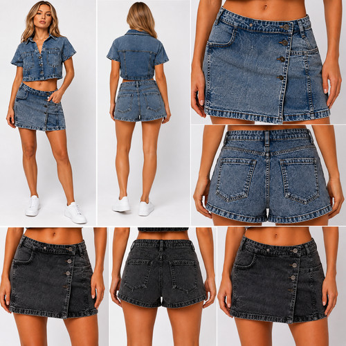 Women denim wrap front skort - denim,