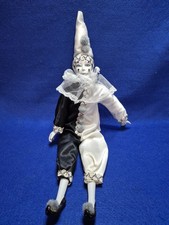 Vintage Pierrot Clown Doll Harlequin Black White Hand Painted Porcelain 16 Inch