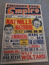 Vintage Music-Hall Theatre Poster - Nat Mills & Bobby / 3 Monarchs 1950