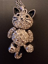 Crystal Articulated Cat Dangling Tail Pendant Rhodium Plate Necklace 24"  Chain
