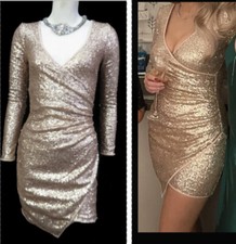 Lipsy Rose Gold Sequin Wrap Dress 16 long sleeve Evening Party Occasion Xmas