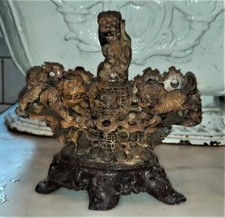 Chinese 19th C Fine Soapstone Incense Burner with Three Fu Dogs or Temple Lions