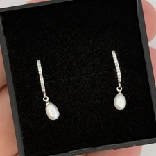 9ct White Gold Pearl & Diamond Cluster Huggie Hoop Earrings