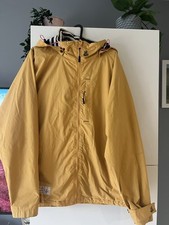 Yellow Lazy Jacks Women's Raincoat with hood. Blue/white striped lining. Size XL