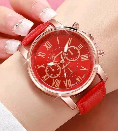 Ladies watch red face gold - red,
