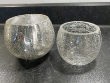 Set Of 2 Tealight Holders Crazed Glass 3 Inch & 4 Inch Diameter 8cm & 6.5cm Tall