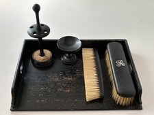 5 piece wooden valet set - hatpin stand, trinket tray, 2 x clothes brushes, tray