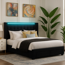 Black Double Ottoman Bed with LED Headboard, USB & Plug Socket – 4ft6 Frame