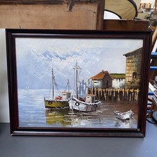 Vintage Oil Painting on Canvas Boats Anchored In Harbour