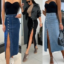 denim midi skirt button front
