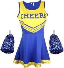 Cheerleader Costume Girls Blue & Yellow Dress with Pom Poms High School Medium