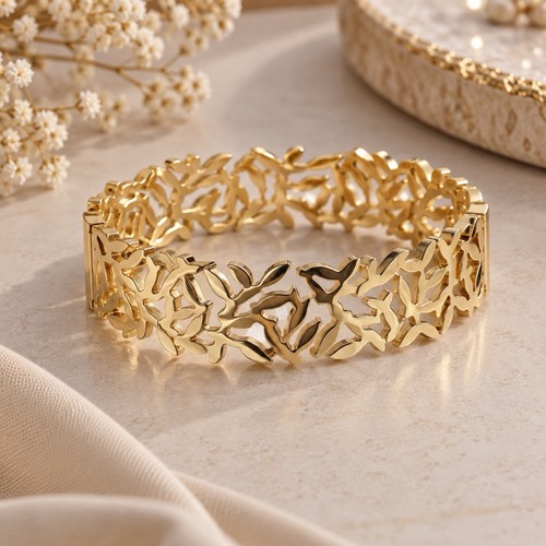 Gold tone wide floral - wide, leaf