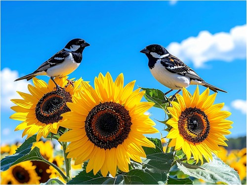 Tile mural birds sunflower - birds, on