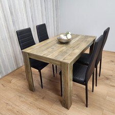 Dining Room Table Set Rustic Effect Dining Table and 4 Black Faux Leather Chairs