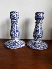 Candlesticks pair Blue & WhitebSponge Ware decor Moorland Pottery Staffordshire 