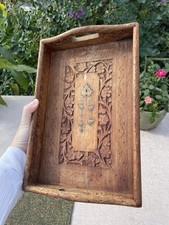 Wooden Hand Carved Tray - Floral Metal Inlaid Motif - Light Soft Wood