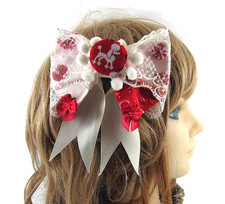 ❤️Handmade❤️ Bow Hair Clip ? Red White ? Poodle ? Pompom