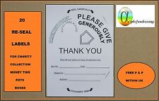 20 RE-SEAL LABELS FOR CHARITY COLLECTION DONATION TINS/BOXES/POTS (FUNDRAISING)