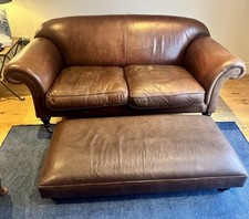 Brown Leather 2-Seater Sofas with Footstool And Cushions