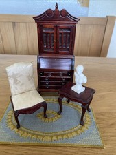Dolls House Furniture 1/12th Office Study Bureau Chair Table Rug Bust