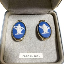 WEDGWOOD Jasperware Clip-On Earrings Flower Girl Blue Cameo Vintage w/ Box