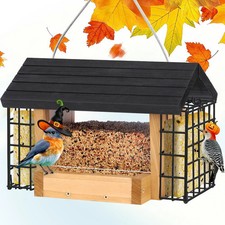 Hopper Bird Feeder for Outdoors Hanging, Wooden Bird Feeder with Double Suet ...