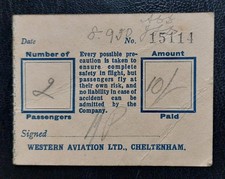 Original 1930 WESTERN AVIATION Ltd CHELTENHAM Passenger Ticket AVRO 504K ?