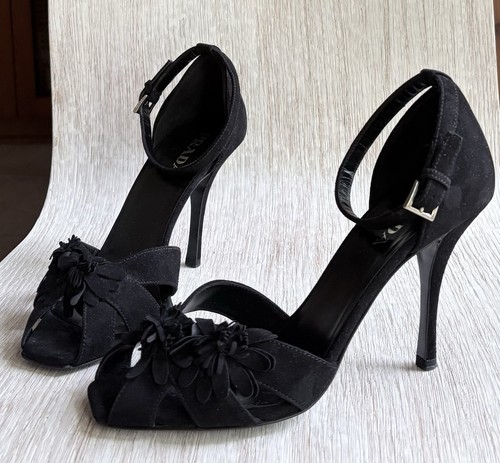 Prada black suede floral peep - black,