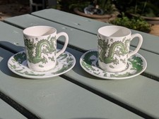 2 x Coalport AD1750 Green Dragon Espresso Cup And Saucer - Antique 