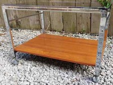 Mid Century Modern Howard Miller smoke glass metal teak coffee table on wheels