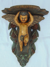Ornate Vintage Italian Carved Wood Polychrome Putti Cherub Wall Bracket Shelf