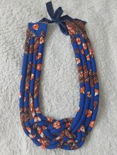 African Ankara Fabric Handmade Ladies Blue Mix Rope Necklace Ribbon Tie